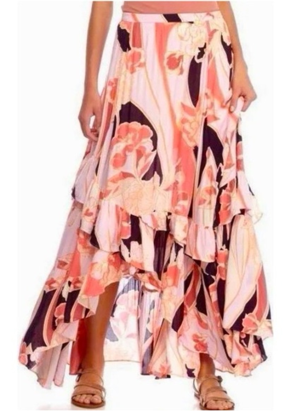 Free People Floral Ruffle Asymmetric High Low Maxi Skirt Pink Coral Boho